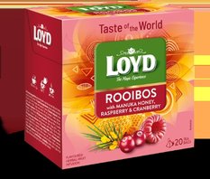 Žolelių ir vaisių raudonoji arbata LOYD, medaus, aviečių, spanguolių skonio, 20 x 1.7g
